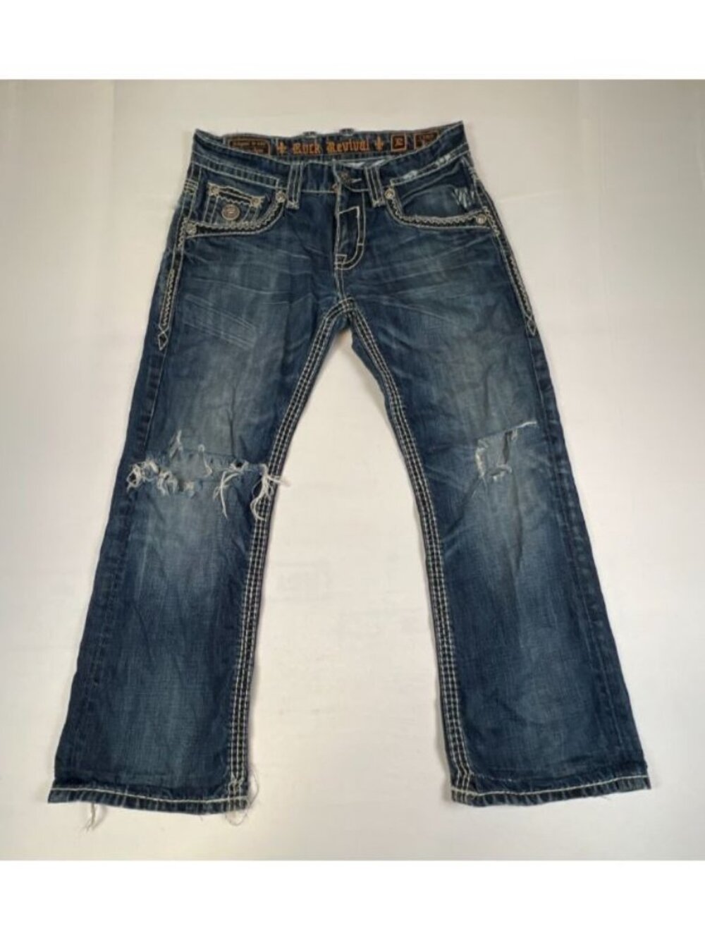 Rock Revival Chuck Boot Cut Mens Jeans Size 32x27 Distressed Blue Denim